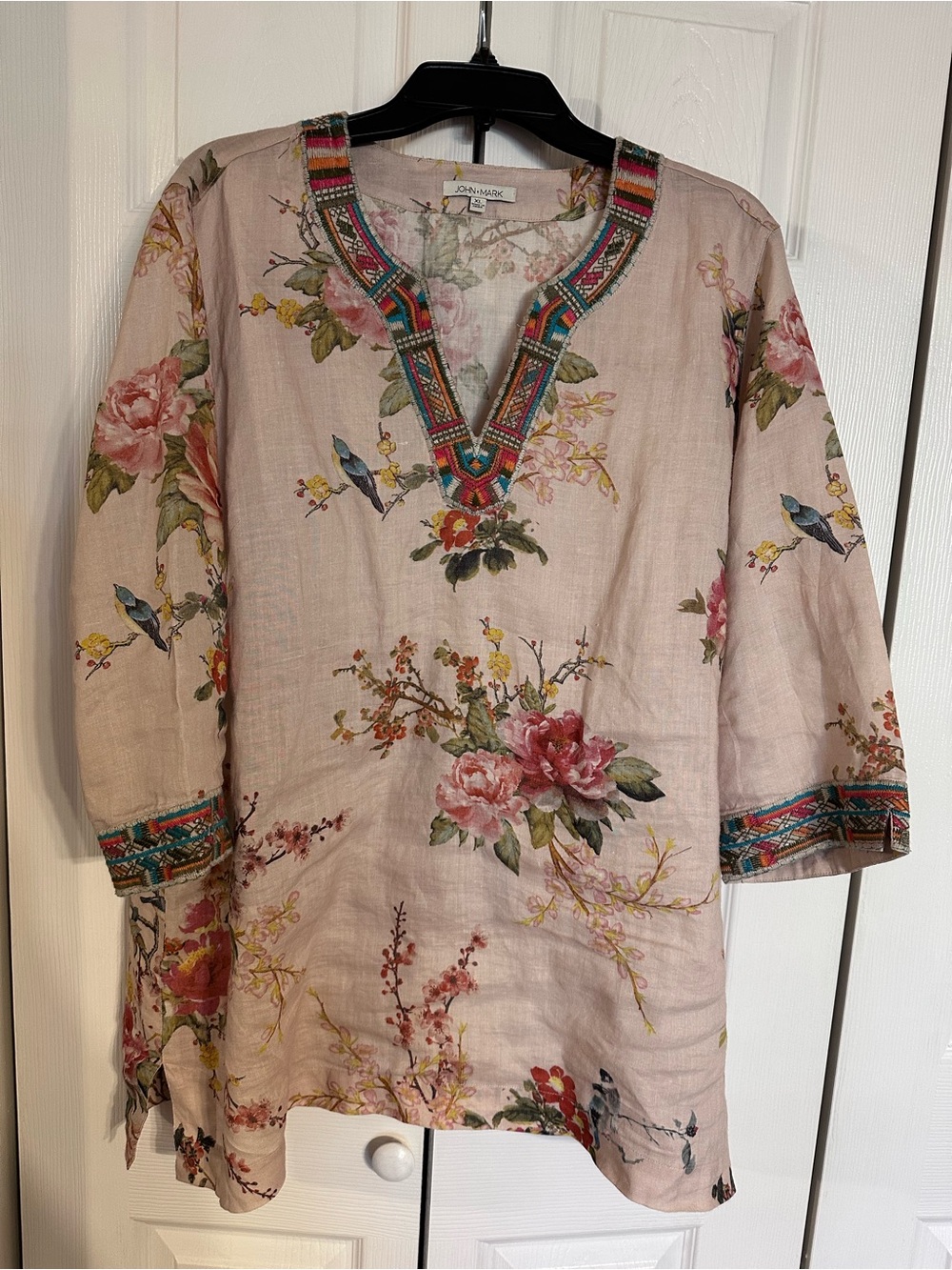 John Mark Blush Floral Embroidered V-Neck Tunic Top